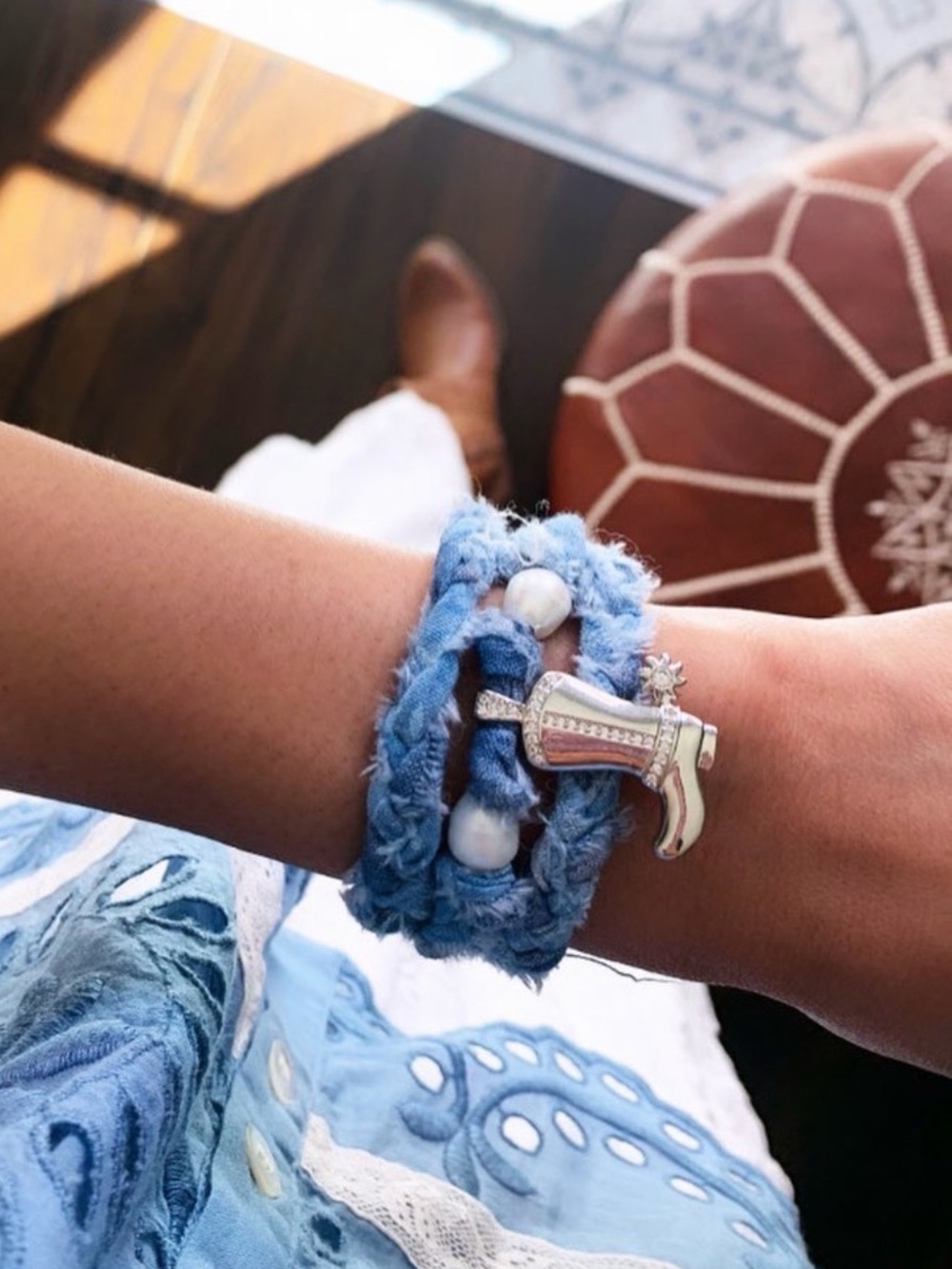 Denim Blue Braided Ribbon Pearl Wrap Bracelet Rhinestone Silver Cowboy Boot